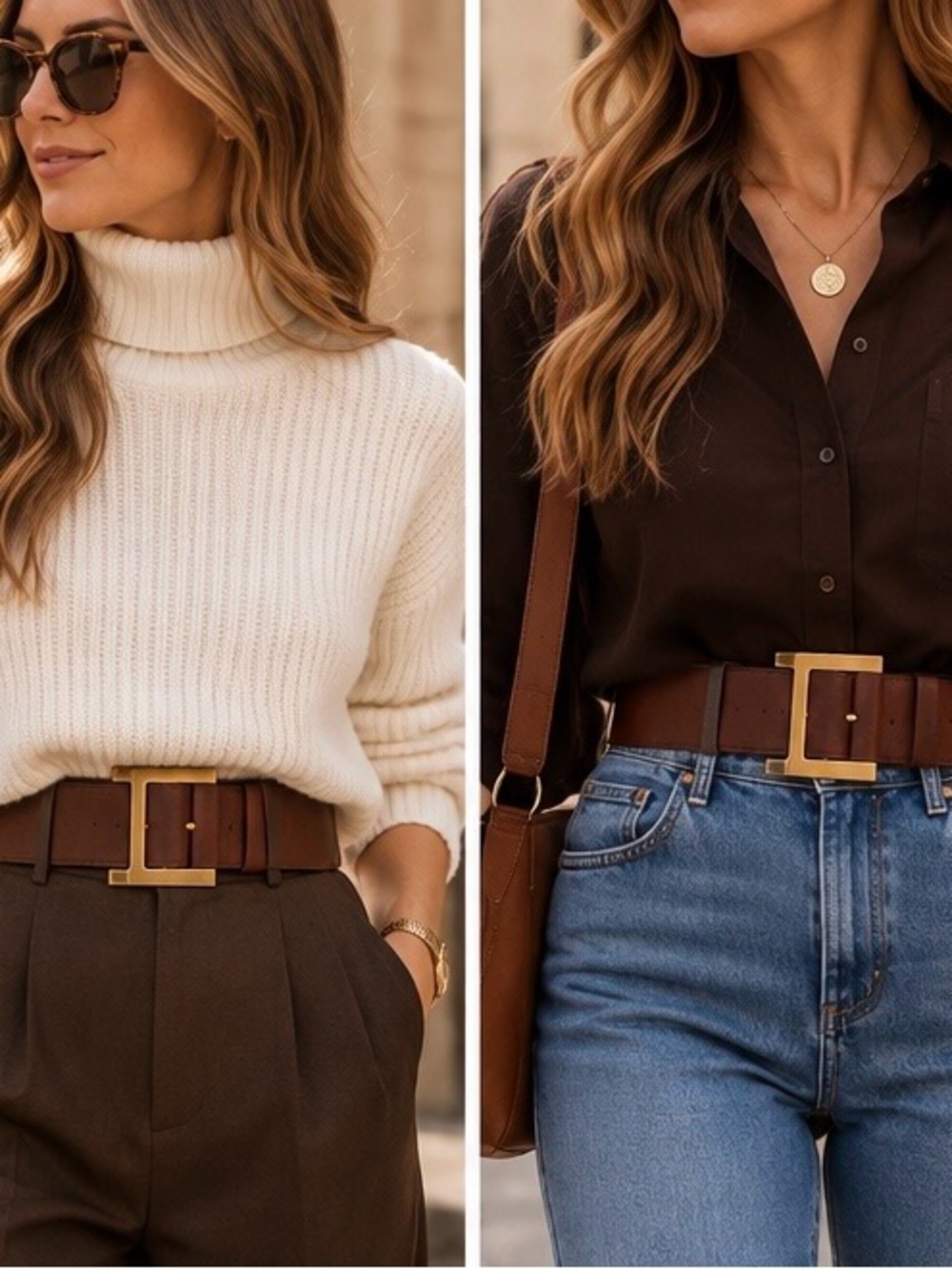 Wide Brown Leather Belt with Gold Buckle size XS